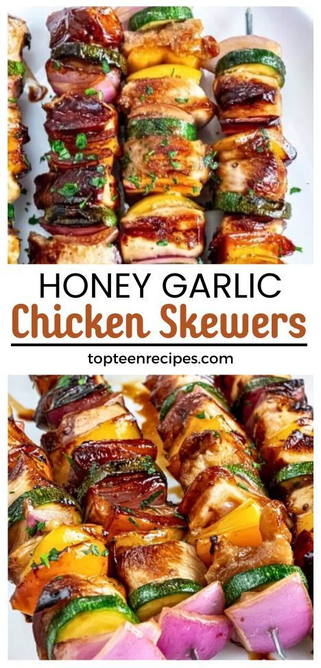 This easy chicken kebabs recipe can turn an otherwise bland chicken dinner into a fun, delicious, and quick meal that everyone will enjoy! Are you counting calories? Add a Cucumber and Tomato Salad as the perfect side dish! Bbq Recipes Chicken, Chicken Skewers Recipes, Honey Garlic Chicken Skewers, Garlic Chicken Skewers, Kabobs Chicken, Skewers Recipes, Instant Pot Honey Garlic Chicken, Chicken Kebobs, Pressure Cooker Chicken Breast