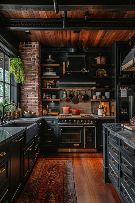 30+ Moody Farmhouse Kitchen Ideas for a Timeless Cooking Space - HomeFunky Dark Academia Kitchen, Island Kitchens, Black Kitchen Design, Moody Kitchen, Your Space, Gothic Kitchen, Dining Room Victorian, Kitchens Ideas, Decorating Kitchen