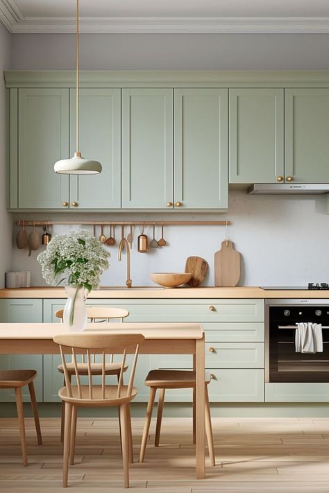 Sage Green Kitchen Cabinets: A Fresh Take on a Classic Look Vogue Decor, Light Green Kitchen, Best Kitchen Colors, Sage Green Kitchen, Decor Ideas Kitchen, Kitchen Decorating Ideas, Wall Decor Kitchen, Green Kitchen Cabinets, Casa Country