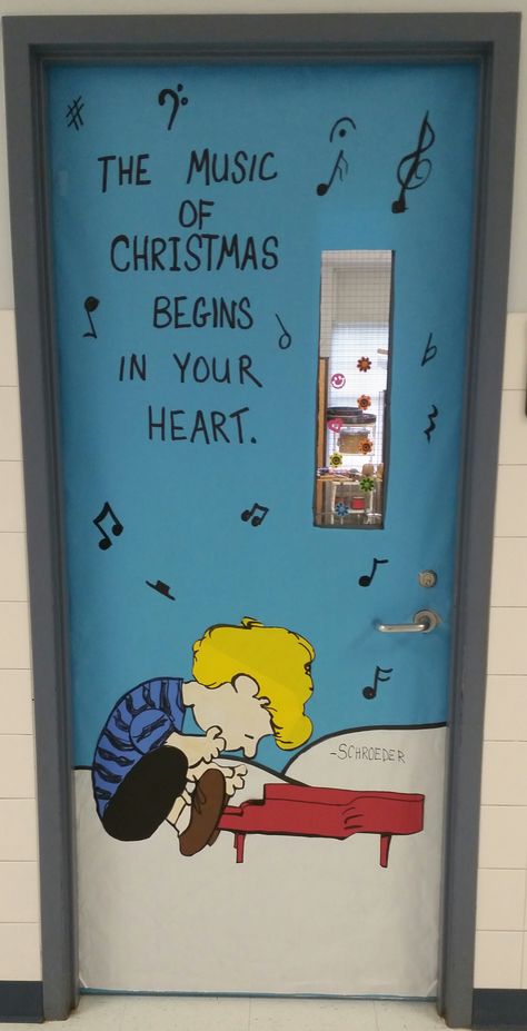 Schroeder - Charlie Brown Christmas Hall  Music Room Music Classroom Christmas Door, Charlie Brown Christmas Float Ideas, Cardiology Christmas Decorations, Music Room Christmas Door, Charlie Brown Christmas Classroom Decorations, Music Room Door Ideas, Charlie Brown Christmas Door Classroom, Charlie Brown Door Decorations, Christmas Music Bulletin Boards