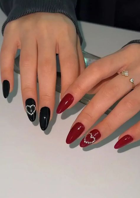 Are you looking for cute Valentine's day nails that you can recreate yourself? If so, you'll love these beautiful Valentine's nail ideas! Valentine Nails Art, Red Nails With Crystals, Nail Ideas Red And Black, Simple Red And Black Nails, Red Black Nail Art, Nail Red And Black, Red And Black Nails Ideas, Black And Red Nails Ideas, Red And Black Nails Design