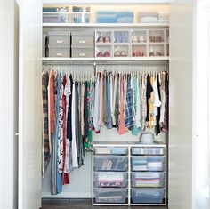 How To Maximize Space In A Small Closet - Step-By-Step Project | The Container Store Small Clothes Closet Organization, Closet With Drawers, Small Clothes Closet, Maximize Small Closet, Hall Closet Organization, Small Closet Storage, Small Closet Organization Bedroom, Closet Small Bedroom, Organized Closet