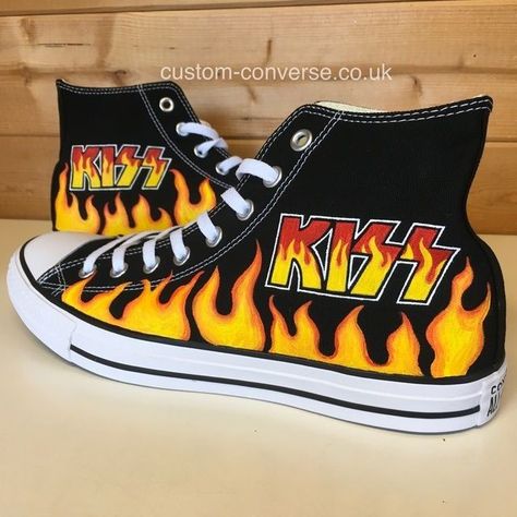 Personalized Converse, Alt Shoes, Band Shoes, Converse Design, Painted Converse, Fire Design, Black High Top Converse, Custom Painted Shoes, Tenis Vans