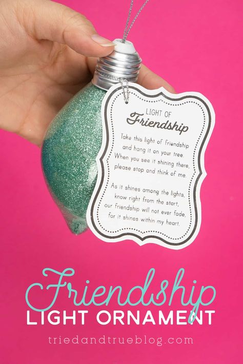 Follow these easy instructions to make this adorable Friendship Light Ornament! Two different types of ornaments and labels included. Friendship Christmas Ornaments Diy, Friendship Bulb Ornaments Diy, Christmas Light Ornaments Diy Kids, Light Up Christmas Ornaments Diy, Diy Friendship Ornaments, Diy School Ornaments, Light Of Friendship Ornament Diy, Ornament Swap Ideas, Cute Crafts To Make For Friends