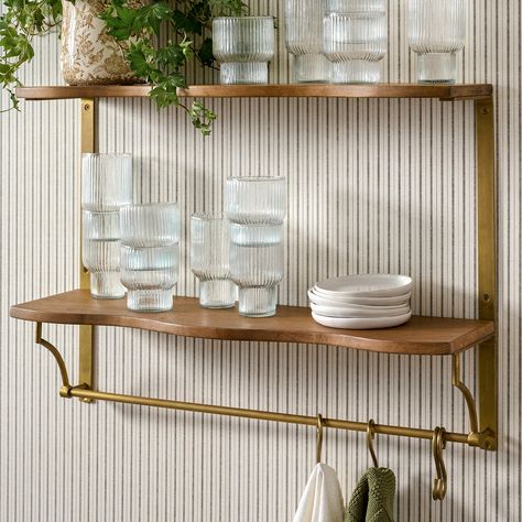 Double Pearson Brass and Wood Shelf with Rail Wall Shelf With Cabinet, Bar Hanging Shelves, Shelving For Kitchen Wall, Scullery Shelving, Kitchen Display Shelf, Pantry Wall Shelves, Hanging Bar Shelves, Wrap Around Shelf, Kitchen Wall Bar