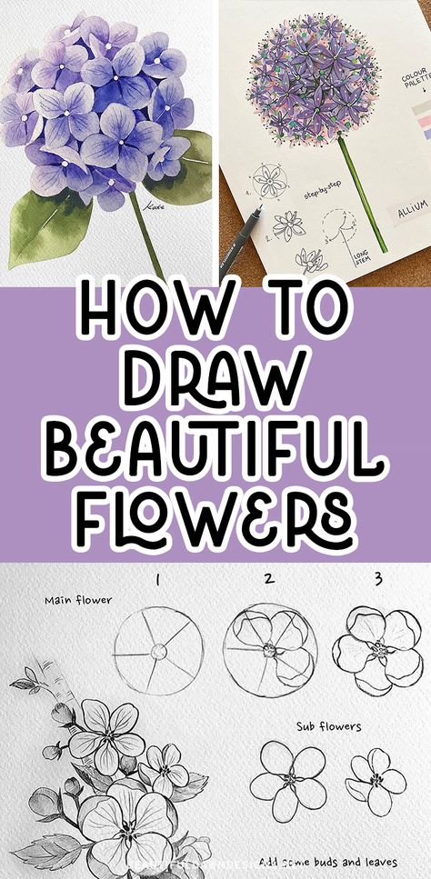 Practice Drawing Flowers, How To Draw Vintage Flowers, How To Draw Small Flowers Step By Step, Drawing Different Flowers, How To Draw Hollyhocks, How To Draw Mums Flowers, Floral Drawing Tutorial, Step By Step Drawing Of Flowers, Drawing Botanicals Tutorial