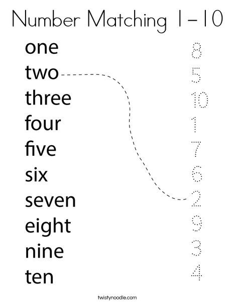 Number Matching 1-10 Coloring Page - Twisty Noodle Number 10 Craft, Numbers Matching Worksheet, Worksheet Numbers 1 To 10, 1 10 Number Activities, Number As Words Worksheet, English For Kindergarten Worksheets, Worksheet On Numbers 1-10, English Kindergarten Worksheets, Numbers As Words Worksheet