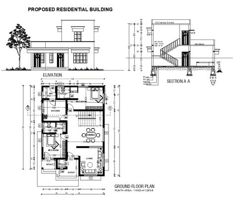 Housing building structure detail plan, elevation and section 2d view dwg file, plan view detail, wall and flooring detail, dimension detail, room dimension detail, hidden line detail, staircase detail, dining area detail, bedroom detail, sanitary toilet and bathroom detail, floor level detail, plinth area 1287s ft, pooja room detail, living room detail, front elevation detail, door and window detail, section line detail, section A-A detail, etc. Floor Plan Elevation Drawing, Plans And Sections Architecture, Working Plan Architecture, Plan Elevation Section Of House Autocad, Floor Plans With Elevations, Plan Section Elevation Drawings Of House, 2d Elevation Design In Autocad, Elevation 2d Drawing, Indian Building Design