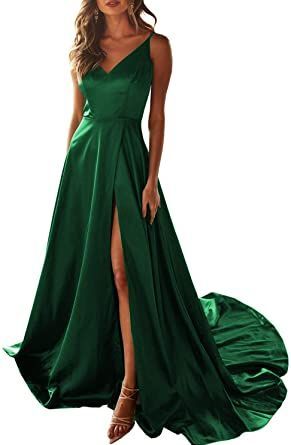 Dark Green Prom Dresses, Satin Prom Dress Long, Satin Formal Gown, Prom Dress With Train, Green Formal Dresses, Green Evening Dress, Spaghetti Strap Prom Dress, V Neck Prom Dresses, Best Prom Dresses