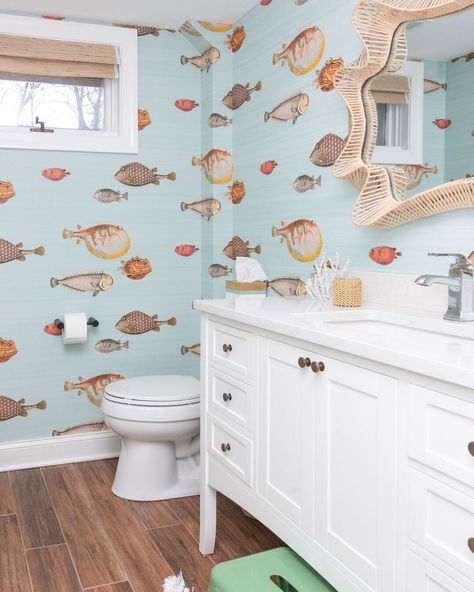 25 Serene And Beautiful Coastal Bathroom Ideas You Will Love Bathroom Beach Theme, Cabana Bathroom, Kid Friendly Bathroom, Coastal Bathroom Ideas, Blue Floor Tile, Hello Kitty Bathroom, Floating Drawer, Colorful Room, Teal Bathroom