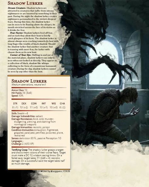 [OC] Homebrew Creature: Shadow Lurker : DnD Dnd 5e Shadow Monsters, Dnd Shadow Creature, Shadow Dnd 5e, Shadow Creatures Dnd, Dnd Shadowfell Monsters, Shadow Monster Oc, Dnd 5e Cryptids, Dnd 5e Creatures, Cool Dnd Monsters