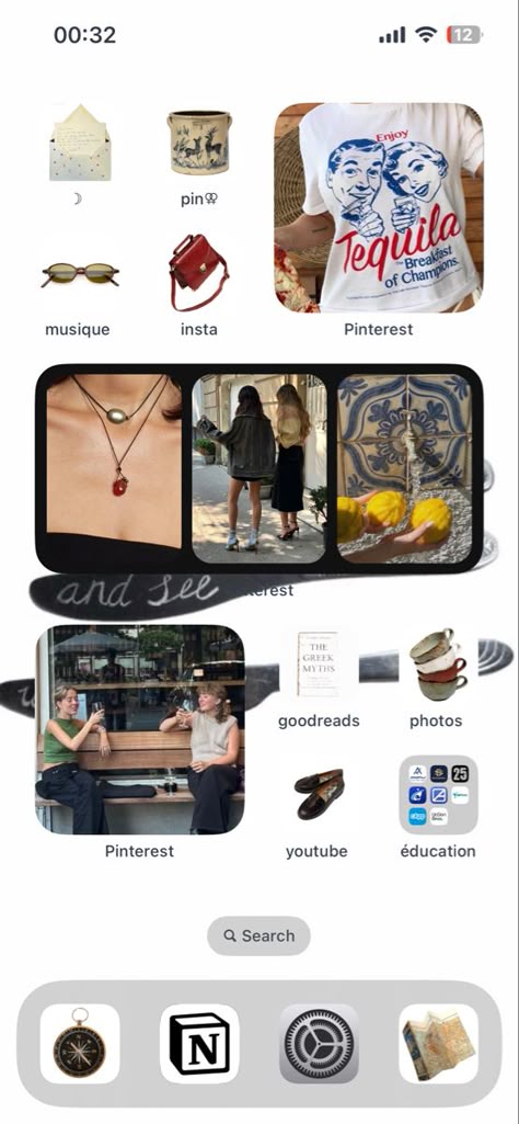 Cool Iphone Screen Layout, Calm Phone Theme, Retro Homescreen Layout, Ios Iphone Layout, Ios 16 Home Screen Ideas Spring, Iphone Lockscreen Design, Homescreen Ios Ideas, Iphone Ios 16 Home Screen, Aesthetic Iphone Organization