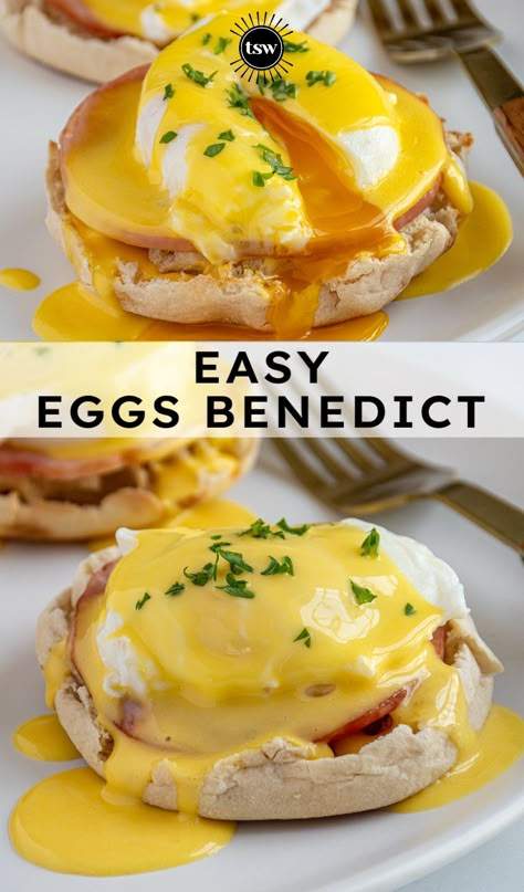 Classic Eggs Benedict Recipe, Eggs Benedict For One, How To Make Eggs Benedict Easy, Eggs Benedict For A Crowd, Easy Egg Benedict Recipe, Poached Eggs Easy, Eggs Benedict With Bacon, Country Style Eggs Benedict, Eggs Benedict Hollandaise Recipe