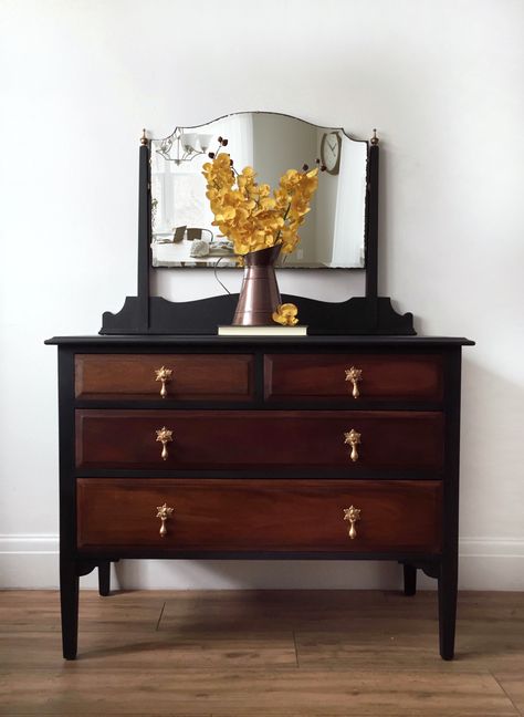 Black And Dark Wood Chest Of Drawers With Mirror/Dressing Table Black And Wood Antique Dresser, Dark Wood Chest Of Drawers, Refurb Dresser, Refurbished Drawers, Aubergine Bedroom, Fusion Paint Projects, Collage Furniture, Dark Oak Furniture, Light Airy Bedroom