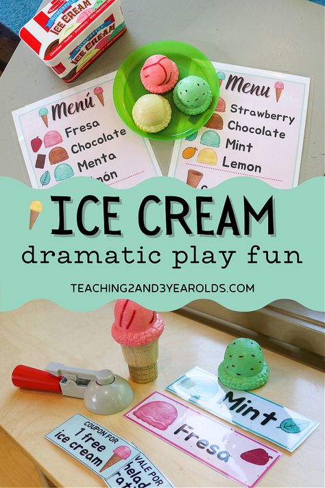 Have fun this summer with these toddler and preschool ice cream dramatic play printables - 34 pages that include English and Spanish versions! Work on patterning, fine motor, and counting during pretend play! #toddler #preschool #dramaticplay #icecream #pretend #English #Spanish #patterns #finemotor #counting #classroom Ice Cream Dramatic Play Preschool, Hot Chocolate Dramatic Play, Ice Cream Dramatic Play, Dramatic Play Activities, Play Menu, Play Ice Cream, Play Preschool, Play Printables, Dramatic Play Printables