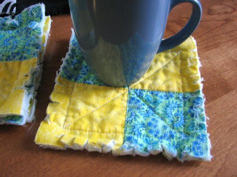 I do love the look and feel of handmade quilted objects. Right now I am making rag quilted coasters, table runners and placemats. As time go... Quilt Coasters, Table Runners And Placemats, Jeans Crafts, Quilted Coasters, Denim Crafts Diy, Mug Rug Patterns, Rug Patterns, Rag Quilts, Blue Jeans Crafts