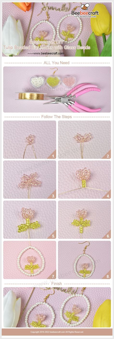 Tulip Bead Pattern, Beaded Tulip Tutorial, Beaded Crafts To Sell, Seed Bead Flower Pattern, Tulip Beads Bracelet, Beaded Flowers Patterns Tutorials, Beaded Tulip Earrings, Flower Beads Tutorial, Bead Tulip