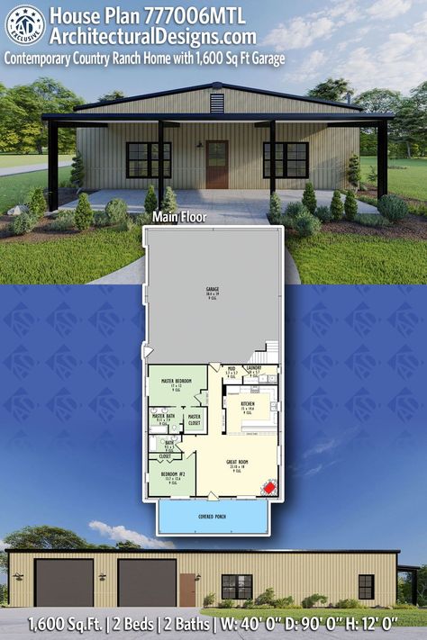 House Plan 777006MTL gives you 1600 square feet of living space with 2 bedrooms and 2 baths