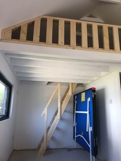 Garden Room With Mezzanine, Mezzanine Garage Conversion, Garage Mezzanine Ideas, Room With Mezzanine, Mezzanine Garage, Garage Mezzanine, Office Mezzanine, Mezzanine Ideas, Mezzanine Bed