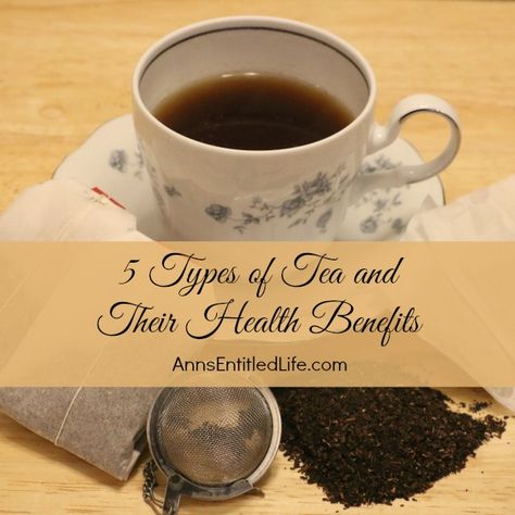 5 Types of Tea and Their Health Benefits; a listing of common teas, possible health benefits, and the differences in benefits offered by each different type of tea. Health Benefits Of Tea, Hot Tea Recipes, Type Of Tea, Tea Facts, Benefits Of Tea, Different Types Of Tea, Tea Health Benefits, Thrifty Thursday, Tasty Drinks