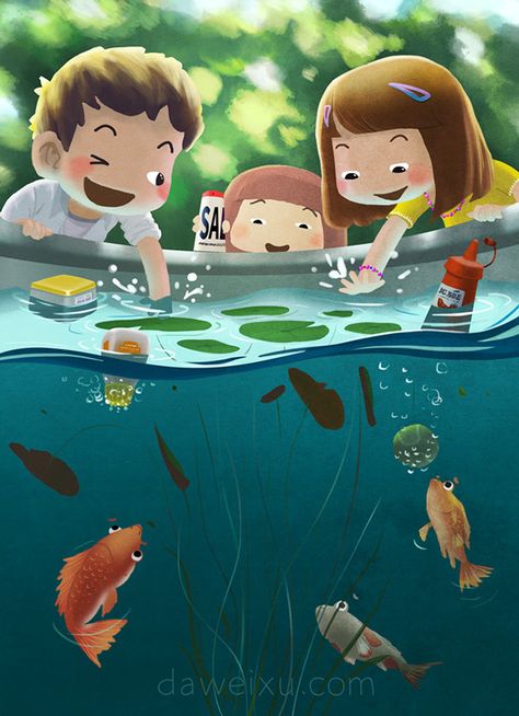 Fish Pond on Behance Fish Pond Illustration, Magical Pond Illustration, Fish Fishing Illustration, Fish Pond Drawing, Pond Fish, Pond Illustration, Pond Drawing, Childhood Memories Art, Book Illustration Design