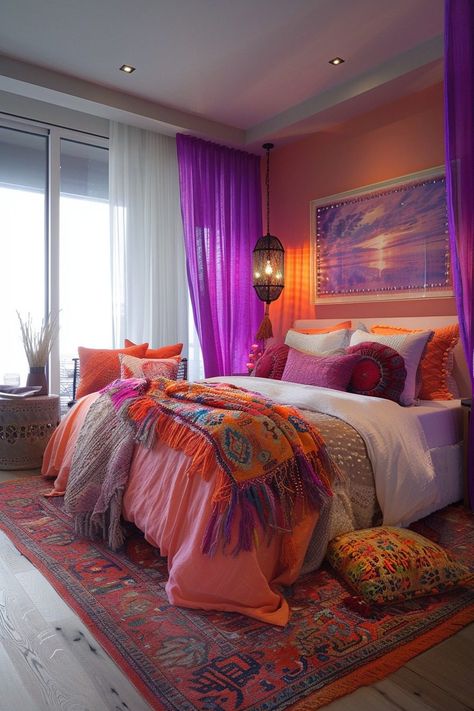 29 Beachy Boho Bedroom Ideas for a Serene Coastal Escape 23 Salmon Bedroom, Beach Bedroom Aesthetic, Sunset Bedroom, Beachy Boho Bedroom, Blue And Pink Bedroom, Boho Bedroom Inspirations, Sunset Theme, Lavender Bedroom, Colorful Room Decor