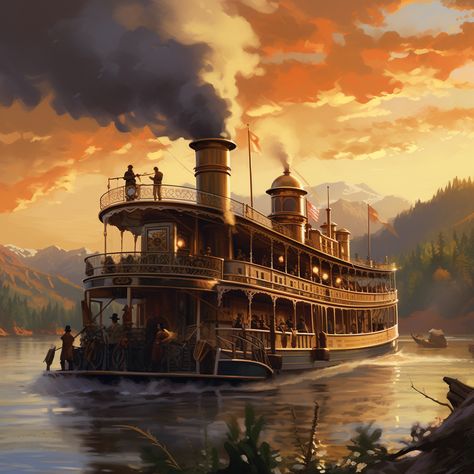 Steampunk Riverboat, Steamboat Aesthetic, Steampunk Boat, Josh Core, Iorek Byrnison, Robert Fulton, Space Ships Concept, Boat Drawing, Space Ship Concept Art