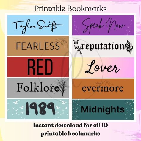 Taylor Swift Eras Tour Bookmarks - Set of 10 Printable PDFs for Swifties / Instant Download / Printable by KerryLynnCreative on Etsy Taylor Swift Notebook Labels, Printable Taylor Swift Bookmarks, Printable Bookmarks Taylor Swift, Taylor Swift Bookmarks Printable, Bookmarks Taylor Swift Lyrics, Taylor Bookmark, Taylor Swift Bookmarks, Taylor Swift Album Bookmarks, Reading Adventure