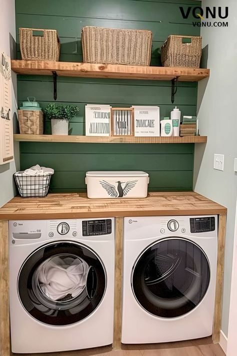 Floating Shelves In Laundry Room Small Spaces, Exposed Laundry Room, Modern Farmhouse Small Laundry Room, Next To Washer Storage, Small Washer Dryer Space, Shelves Around Washer And Dryer, Laundry Room Ideas Green Walls, Laundry Room With No Cabinets, Laundry Room Wall Shelves