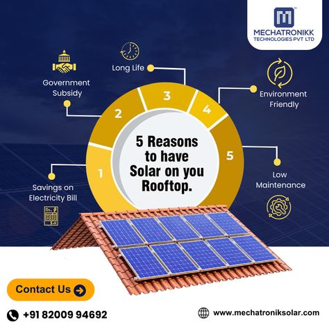 🌞 Considering solar energy for your rooftop?  Here are 5 compelling reasons why it's a bright idea:  1. Savings on Electricity Bill 2. Government Subsidy 3. Long Life 4. Environment Friendly 5. Low Maintenance  For Commercial/Industrial/Residential Solar Inquiry Call: 📲 +91 82009 94692 📲 +91 81604 00549 Visit website: www.mechatroniksolar.com . . . #SolarPower #GreenEnergy #GoSolar #EnergySavings #SolarPanel  #SolarEnergy #SwitchToSolarPanel #mechatronikksolar #Ahmedabad #Gujarat Residential Solar System, Solar Ads, Solar Energy Design, Residential Solar, Solar Solutions, Electricity Bill, Visit Website, Real Estate Tips, Post Ideas