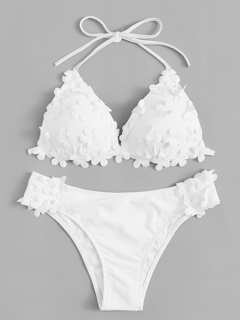 Appliques Solid Bikini Set -SheIn(Sheinside) Bikinis Shein, Flower Swimsuit, Trendy Swimsuits, Swimsuits Outfits, White Bikinis, Cute Bathing Suits, Cute Swimsuits, Summer Bikinis, Flower Applique