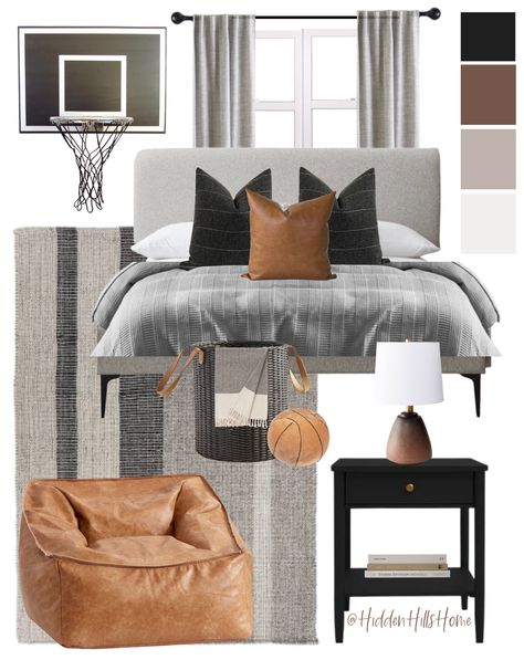 Boys Bedroom Grey, Young Mans Bedroom, Themed Bedroom Ideas, Grey Upholstered Bed, Sports Room Boys, Boy Sports Bedroom, Basketball Bedroom, Basketball Room