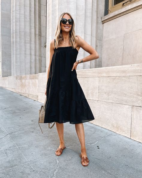 Fashion Jackson Wearing Jenni Kayne Black Summer Dress White Hermes Oran Sandals Summer Dress Outfit Hermes Flats Outfit, Sandal Outfits, Sandals Hermes, Warm Vacation, Hermes Sandals, Celine Belt, Summer Dress Black, Women Dresses Casual Summer, Date Night Outfit Summer