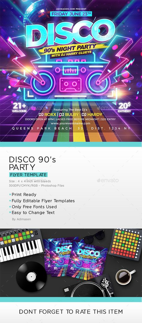 80s Party Poster, Retro Disco Poster, Disco Poster Design, 90s Poster Design, Disco Party Flyer, Disco Party Poster, Disco Event, Disco Flyer, Background Event