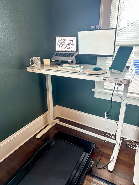 Raised Desk Office, Walking Desk Treadmills, Work From Home Set Up Standing Desk, Office With Adjustable Height Desk, Desk Over Treadmill, Best Standing Desk Setup, Under Desk Treadmill Workout, Height Adjustable Desk Office, Stand Up Desk Setup