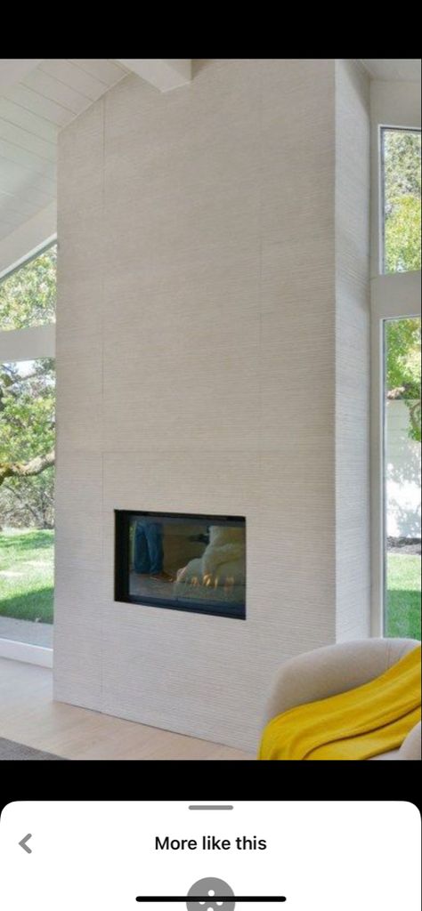 Stone Tiles Fireplace, Tiles For Fireplace Wall, Full Wall Tile Fireplace, Natural Tile Fireplace, White Tile Fireplace Wall, Modern Fireplace In Bedroom, Ribbon Tile Fireplace, Large Format Tile Fireplace Surround, Tiled Fireplace Ideas Floor To Ceiling