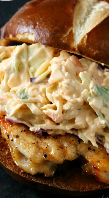 Buffalo Ranch Cole Slaw Topped Chicken Sandwich Buffalo Ranch, Cole Slaw, Coleslaw Recipe, Salad Sandwich, Soup And Sandwich, Wrap Sandwiches, Chicken Sandwich, Sandwich Recipes, Coleslaw