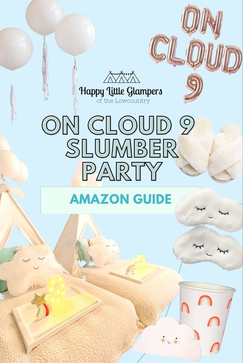 On Cloud 9 Birthday Slumber Party Guide for 9th birthday with white fluffy blankets on a bed under a tent with cloud balloons, rainbow party cups, and more blue and white party hues! On Cloud 9 Party Ideas, Cloud 9 Bday Party Ideas, Cloud 9 Birthday Sleepover, Cloud 9 Slumber Party, Cloud Nine Birthday Party Games, Cloud 9 Birthday Party Games, Cloud 9 Birthday Party Favors, On Cloud 9 Birthday Party Games, Cloud Nine Party Favors