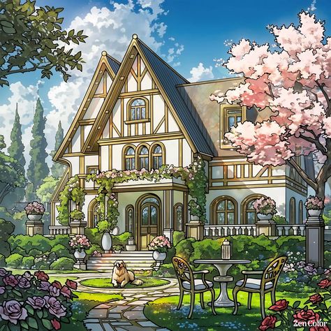 ☾~.~☕️follow me☕️~.~☾ Aesthetic House Exterior, Vintage Mansion, House Fever, Coloring Aesthetic, Relaxing Photos, Sims 4 Inspiration, Anime House, Japanese Village, Magical House