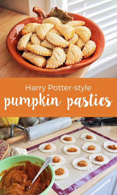 Pumpkin Pasties - The Baker Upstairs Harry Potter Feast, Harry Potter Treats, Harry Potter Desserts, Harry Potter Snacks, Harry Potter Parties Food, Harry Potter Movie Night, Pumpkin Pasties, Harry Potter Marathon, Harry Potter Day