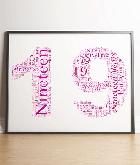 Personalised 19th Birthday Word Art GiftABC Prints  Add your own words to this number 19 word art print to create a very special personalised nineteenth birthday gift.  Shaped in the number nineteen, this print can be fully personalised by you to make a lovely 19th birthday gift.    You get to choose all the words for your print.  We highly recommend adding places, dates, names or venues which are meaningful to the person receiving the gift to make it extra special.  A few ideas would be to add 19th Birthday Presents, Nineteenth Birthday, Unique Best Friend Gifts, 19th Birthday Gifts, 19 Birthday, Word Art Poster, Navy Gifts, Number 19, Bff Gifts Diy