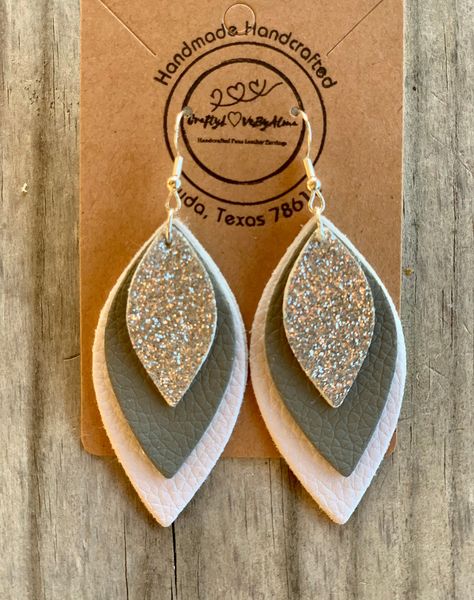 "NEW - White, Grey & Silver Leaf Dangle Faux Leather Lightweight Earrings | Beautiful Handmade Earrings | PU Faux Leather | Regular-Solid Size Earrings | Each Piece is Double-Sided  - Measurements: Length \"2.75\" inch  Drop \"2.25\" inch  Width \"1.10\" inch  - *All Handmade and Handcrafted Earrings are faux leather and are made with hypoallergenic hooks for sensitive ears & Nickel-Free * *925 Sterling Silver Hypoallergenic Hooks" Diy Earrings Leather Ideas, White Leather Earrings, Diy Leather Earrings Tutorials, Faux Earring Ideas, Handmade Leather Earrings Ideas, Making Leather Earrings, Faux Leather Earring Ideas, Leather Earring Ideas, Faux Leather Cricut Projects