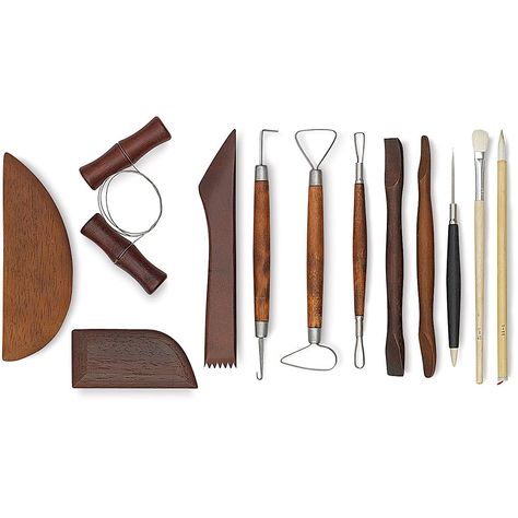 Start out right with this set of essential pottery and sculpting tools. The 12-piece set includes a wire clay cutter 2 brushes 2 ribs and essential ribbon wire-end needle and boxwood tools. - 12-Piece Basic Pottery Tool Set Best Wood For Carving, Pottery Equipment, Clay Carving, Sculpting Tools, Ceramic Supplies, Beginner Pottery, Pottery Supplies, Ceramic Tools, Pottery Videos