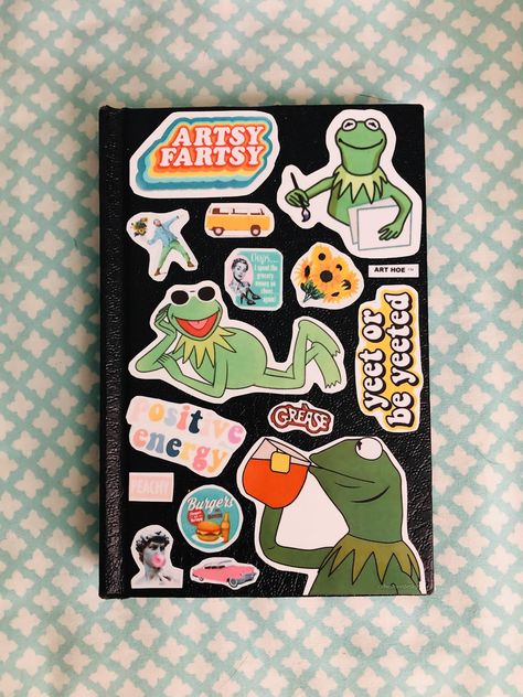 Sticker covered sketchbook Anatomy Notebook, Cute Sketchbooks, Custom Sketchbook, Drawing Notebook, Notebook Drawing, Sketchbook Cover, Art Journal Cover, Drawing Journal, Cute Sketches