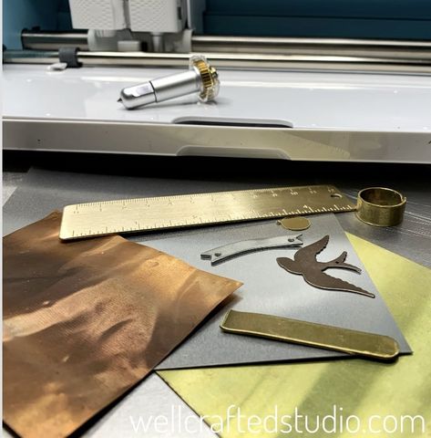 14 Metals You Can Engrave with a Cricut Maker - Well Crafted Studio Cricut Engraving, Metallic Spray Paint, Aluminum Sheets, Engraving Tools, Punch Tool, Desk Sign, Copper Sheets, Photo Engraving, Cricut Craft Room