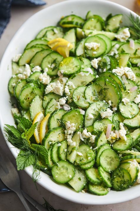 This zesty and refreshing cucumber salad is the   perfect salad recipe for Summer. A great side dish for all the things   off the grill or even just to snack on or it’s a salad to build on if   you prefer to load it up with other veggies. Italian Cucumber Salad, Greek Side Dishes, Greek Cucumber, Greek Salads, Perfect Salad Recipe, Greek Cucumber Salad, Cozy Food, Backyard Dinner, The Perfect Salad