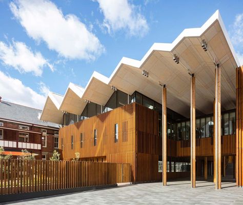 Australia's best libraries designs recognized | ArchitectureAU Folding Roof, Concept Board Architecture, Floating Canopy, Folding Architecture, Gabled Roof, Roof Canopy, Residential School, Canopy Architecture, Community Hub