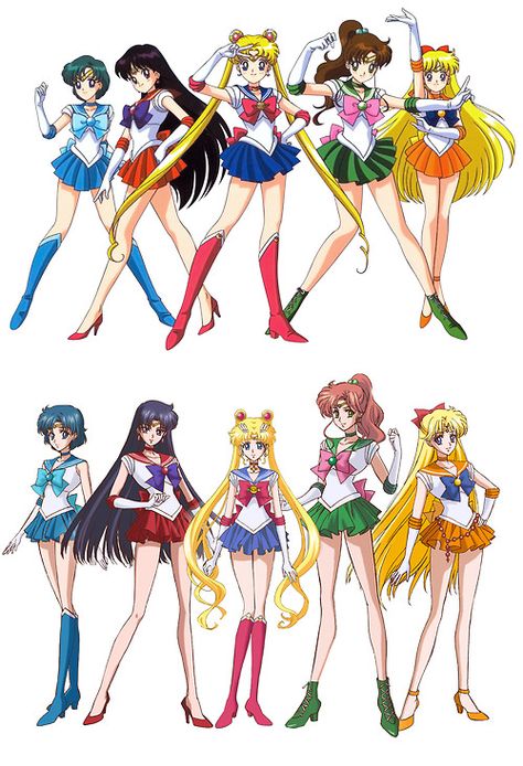 Original Sailor Moon Characters (Top) Vs, New 2014 Designs (Bottom) Sailor Venus Costume, Sailor Scouts Costume, Salior Moon Costume, Sailor Moon Character Design, Sailor Moon Full Body Pose, Sailor Moon All Sailors, Salior Moon Characters, All Sailor Moon Characters, Sailor Moon Poses