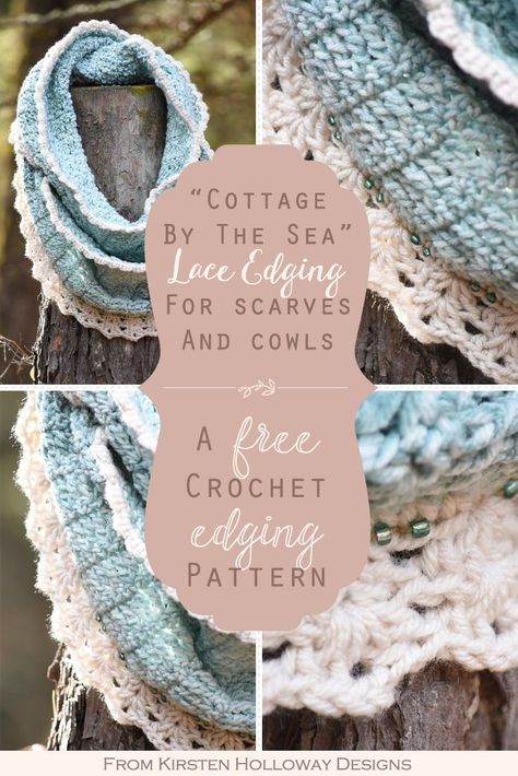 Trim your scarves, cowls, or blankets with this easy lace pattern. Add a beautiful border to all your DIY and Crochet projects! #crochetedging #crochetedgingpatterns #freecrochetedgingpatterns #easycrochetlacepattern #kirstenhollowaydesigns Crochet Edging Pattern, Crochet Scarf Patterns, Crocheted Scarves, Crochet Cowls, Crochet Shell Stitch, Crochet Edgings, Crochet Edging Patterns, Crochet Scarfs, Crochet Lace Edging