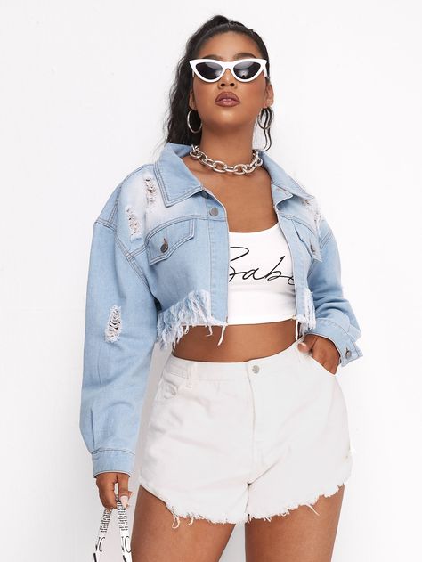 Light Wash Casual  Long Sleeve Denim Plain Other Embellished Non-Stretch  Plus Size Denim Mini Jacket Outfit, Mini Jacket, Light Wash Jean Jacket, Shein Jackets, Light Wash Denim Jacket, Cropped Jean Jacket, Denim Jacket Patches, Oversized Jean Jacket, Crop Jean Jacket